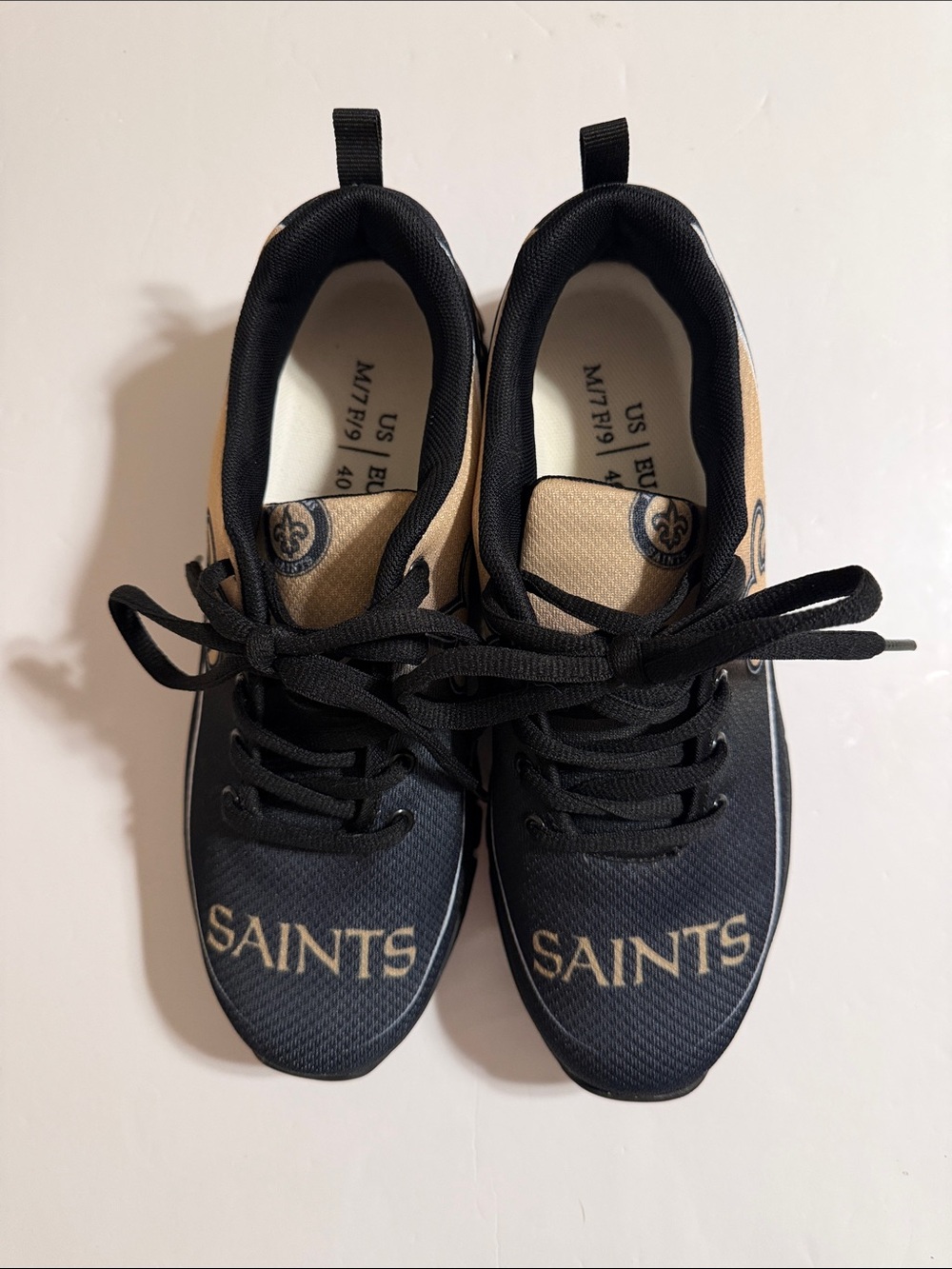 Saints Black and Gold Athletic Sneakers with Gold Lettering Size 8 NWOT